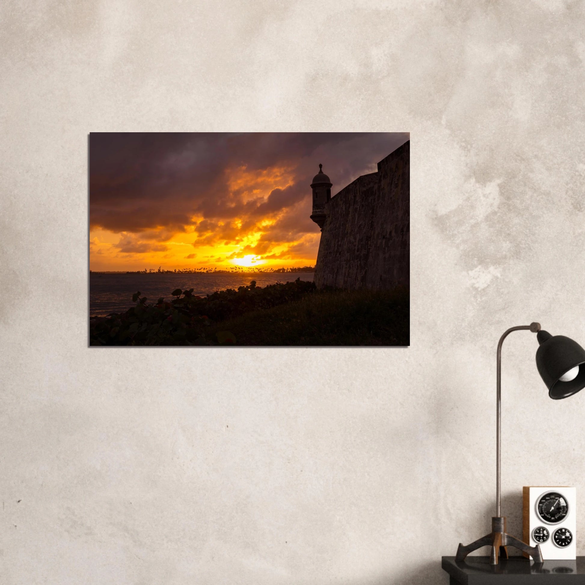 Fiery Sunset at la Garita print — Acrylic Print mockup, gallery glow, Old San Juan historic walls PR.