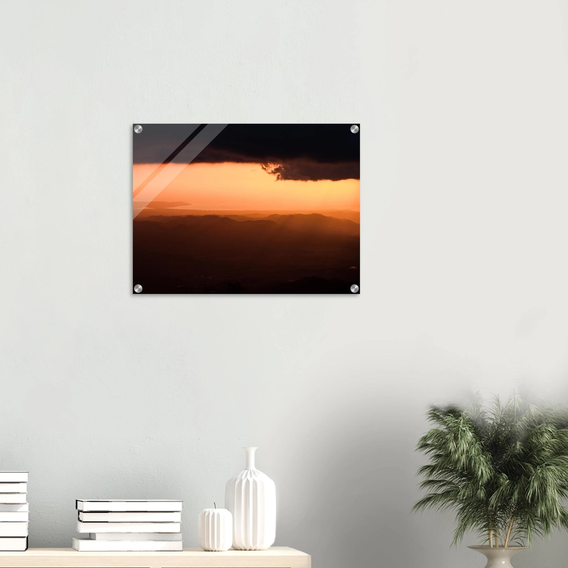 Where Maricao Meets the Sky print — dark interior wall mockup, aerial golden hour Maricao PR.