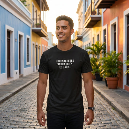 Man wearing a black t-shirt with text in a colorful street setting
